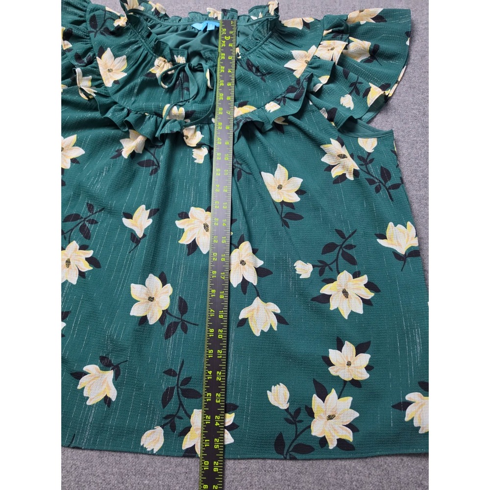 Draper James Floral Ruffle Blouse Women XL Green Short Sleeve Tie Neck Flutter - Picture 6 of 7